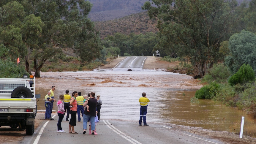 Flooding cuts the road at Copley in the outback