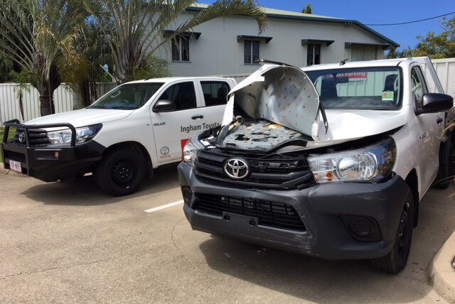 A damaged Toyota Hilux that was stolen from Ingham Toyota in north Queensland