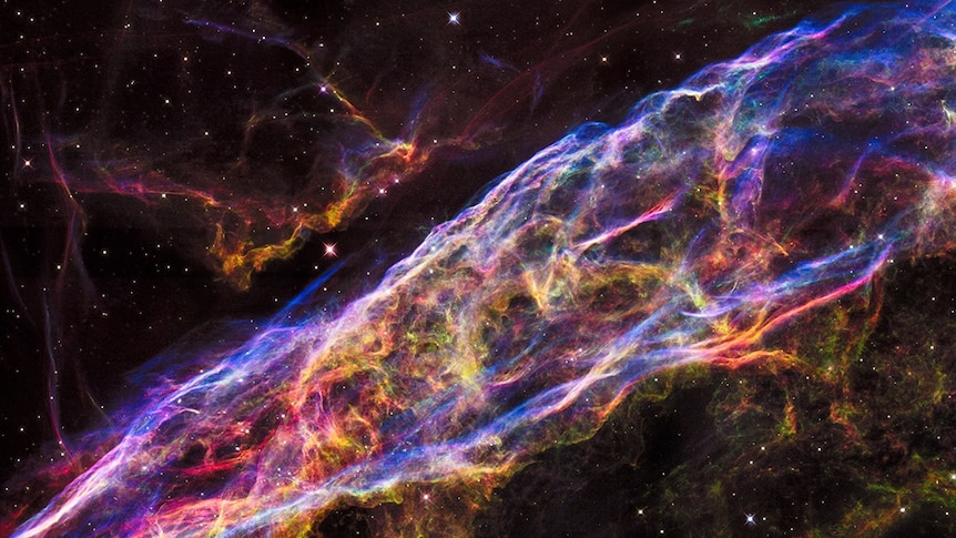 A close up view of the Veil Nebula which is a small segment of the Cygnus Loop supernova remnant.