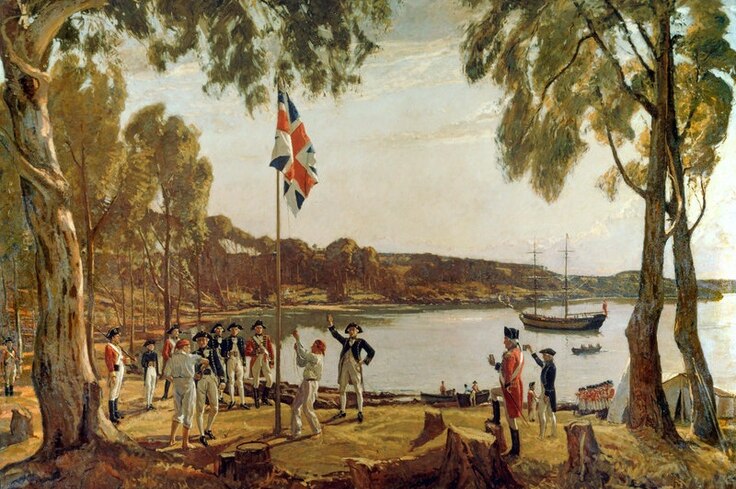 Photo of a painting depicting Capt. Arthur Phillip raising the British flag in Sydney Cove in 1788.