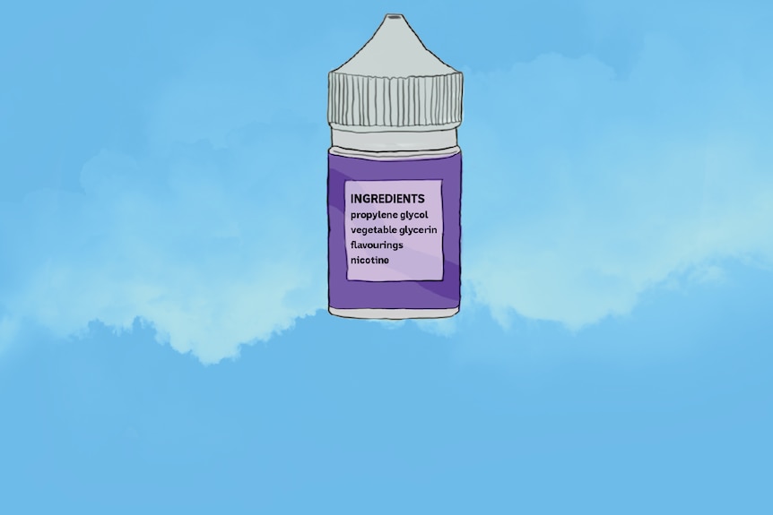 An illustration of a vape bottle lists ingredients on a label