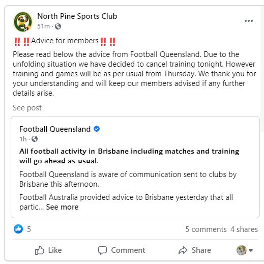 A Facebook post from the club advising training would be cancelled.