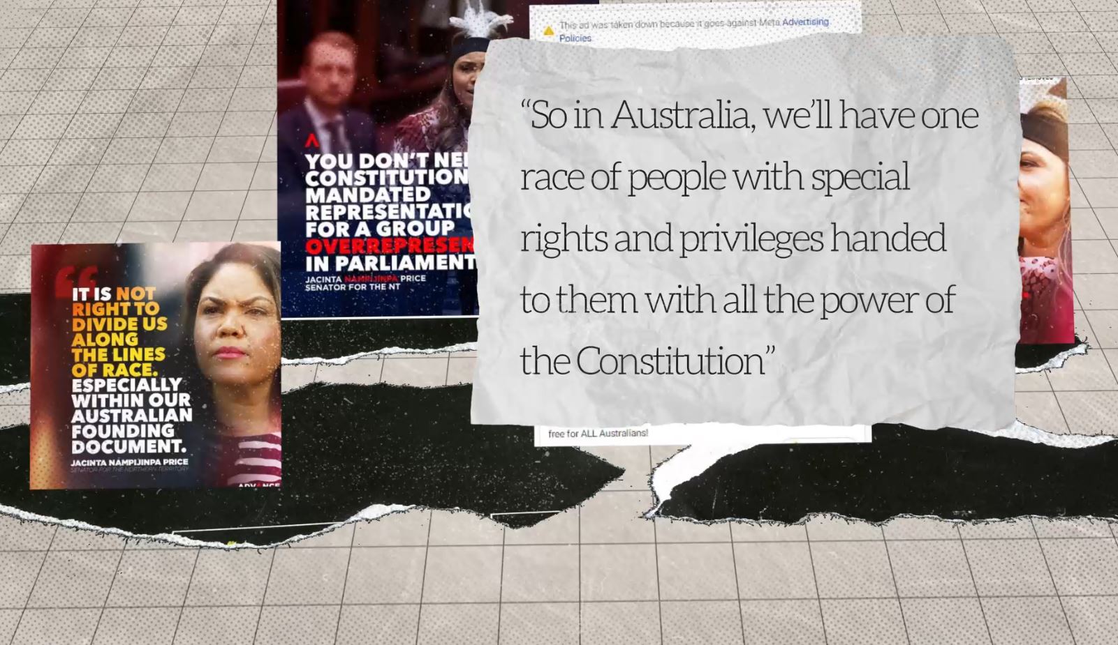 Un graphique montrant un extrait d'une publicité Facebook : Donc, en Australie, nous aurons une race de personnes avec des privilèges spéciaux 