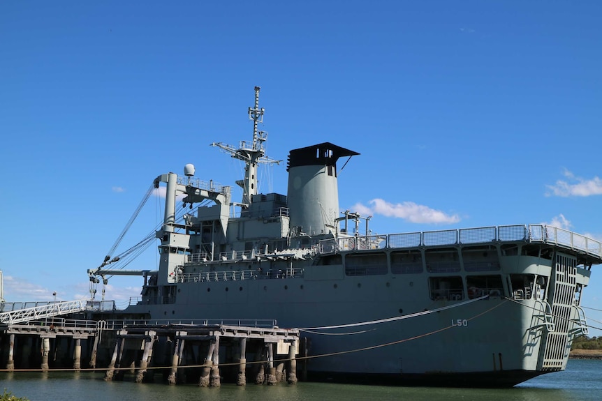 former navy warship HMAS Tobruk is docked at the Bundaberg Port