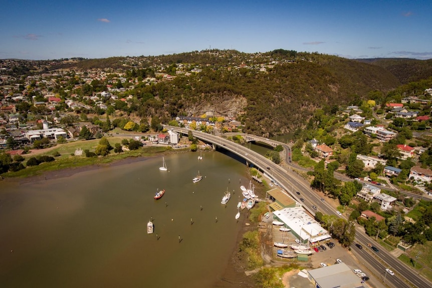 an aerial shot of the murky Tamar Estuary