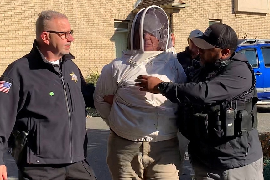 A woman wearing protective gear is detained after unleashing a swarm of bees.