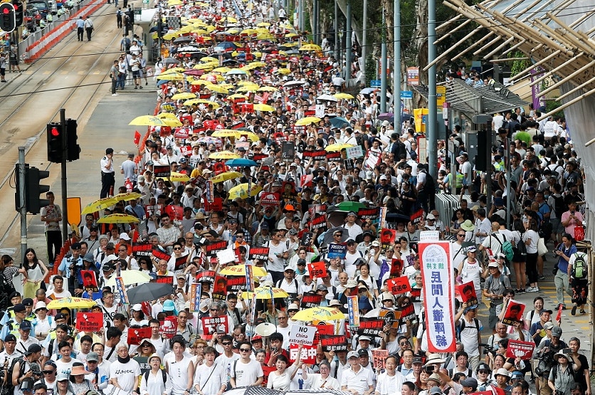 Demonstrators attend a protest to demand authorities scrap a proposed extradition bill with China.