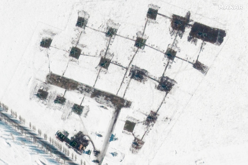 Satellite image of helicopter unit in the snowy ground.