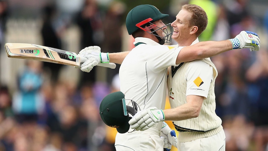 Slice of history ... Adam Voges (R) and Shaun Marsh congratulate each other during their record partnership