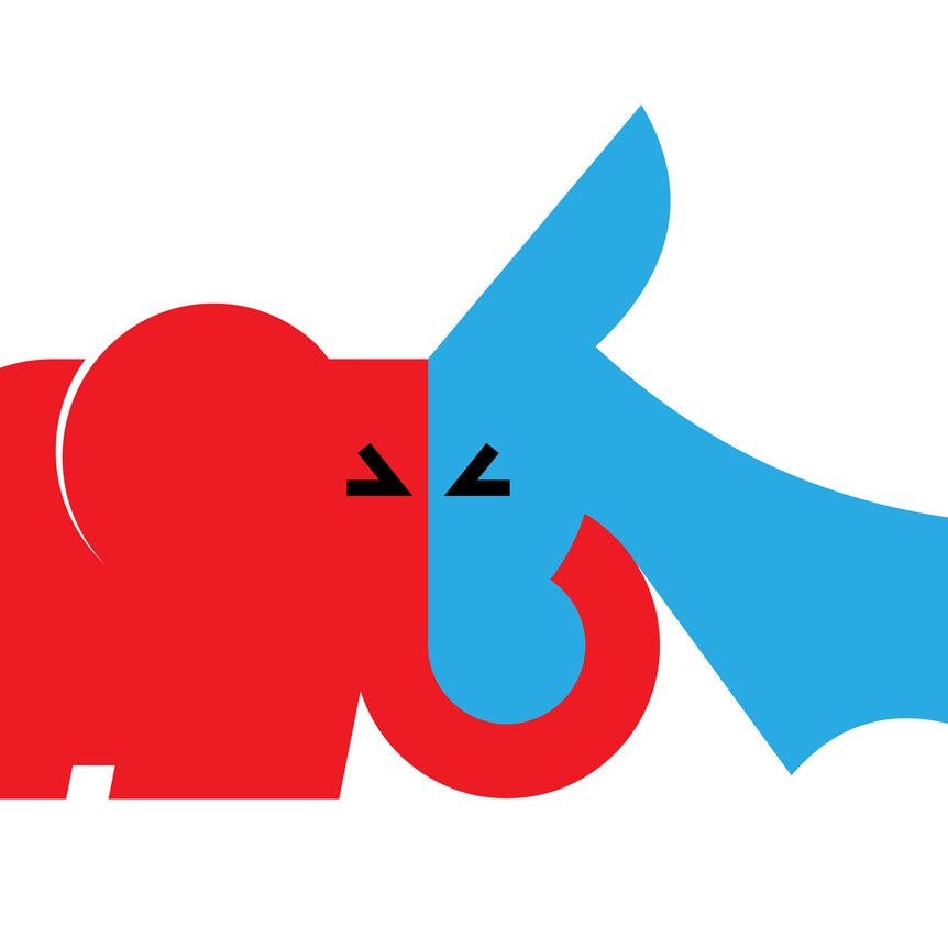 cartoon red elephant butts heads with a blue donkey