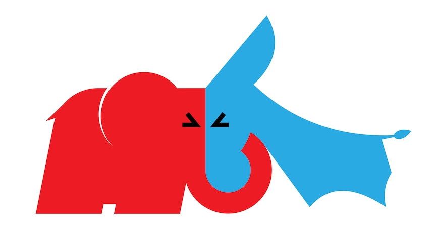 cartoon red elephant butts heads with a blue donkey