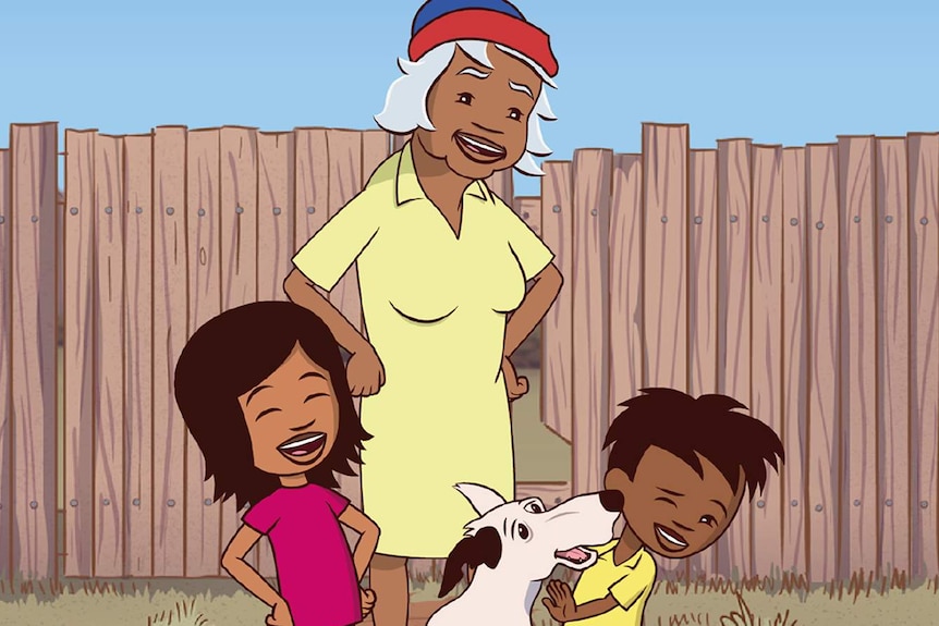 A still from a cartoon showing two kids, their grandmother and dog all laughing together.