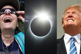 A composite image shows a total solar eclipse, alongside Donald Trump and a woman looking skywards.