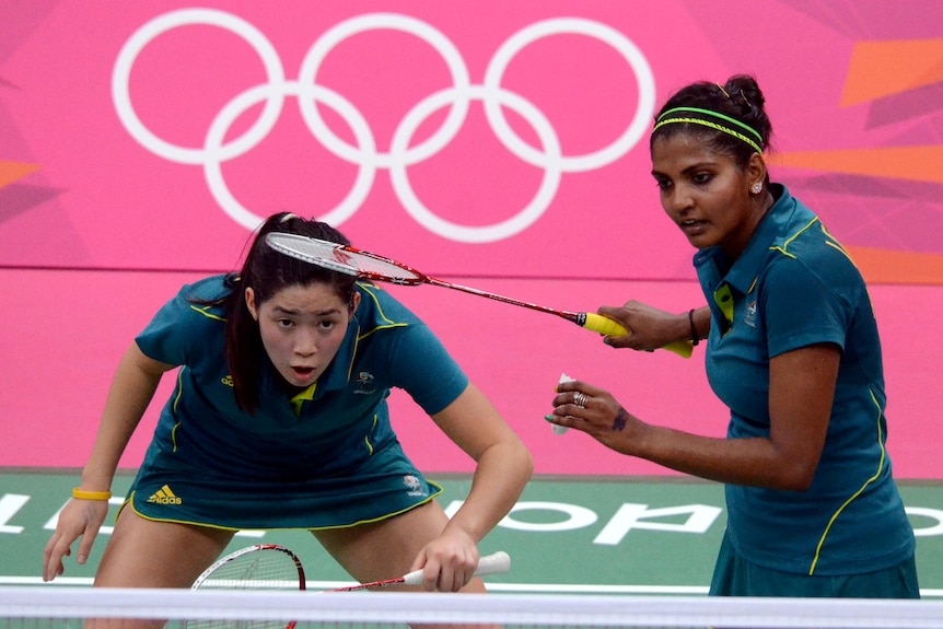 Australian Badminton players LtoR Leanne Choo and Renuga Veeran get ready before playing a point.