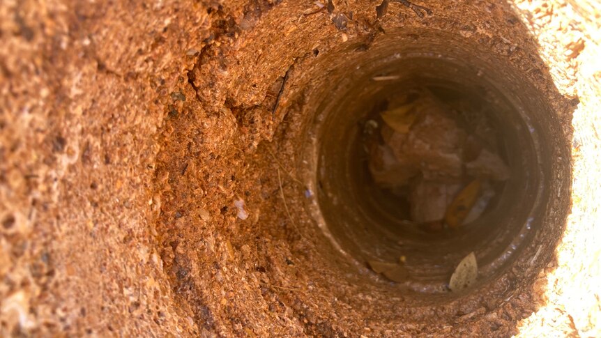 A  close up of a15-metre deep hole dug out of red dirt.