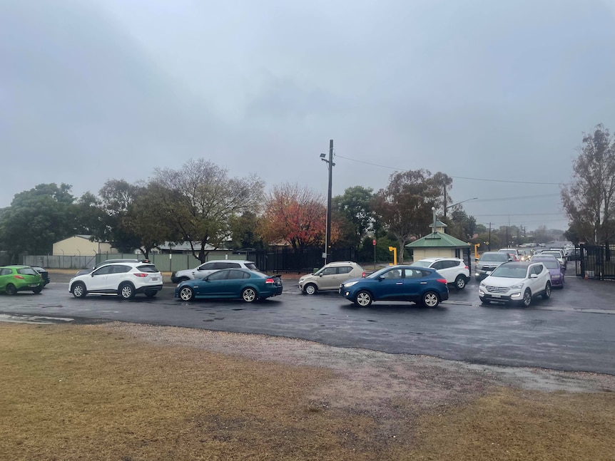 A long line of hundreds of cars queuing at the showground