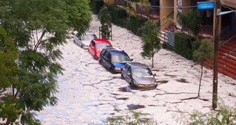 Cars surrounded by hailstones in Sydney