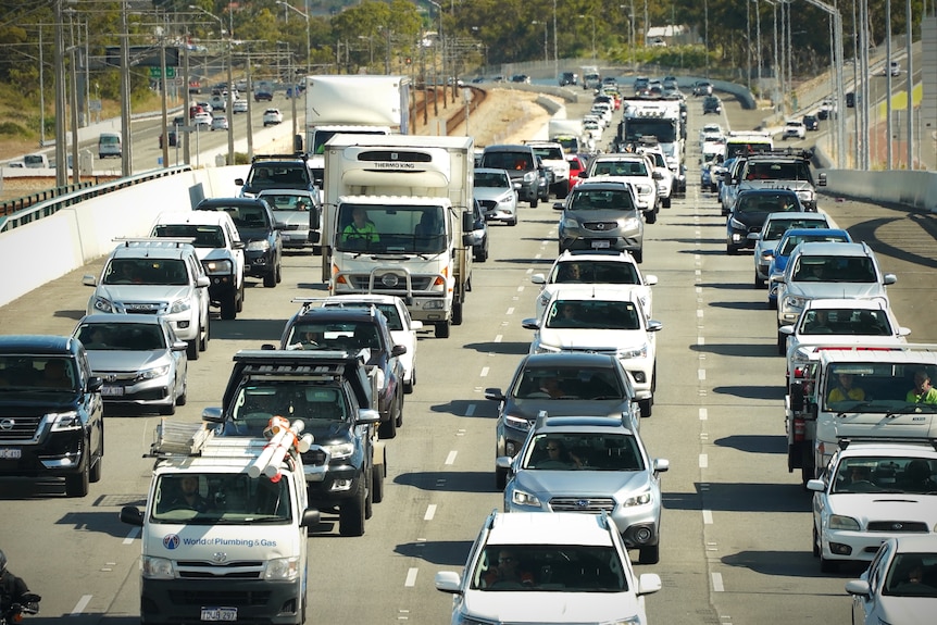 Cars bank up on a freeway