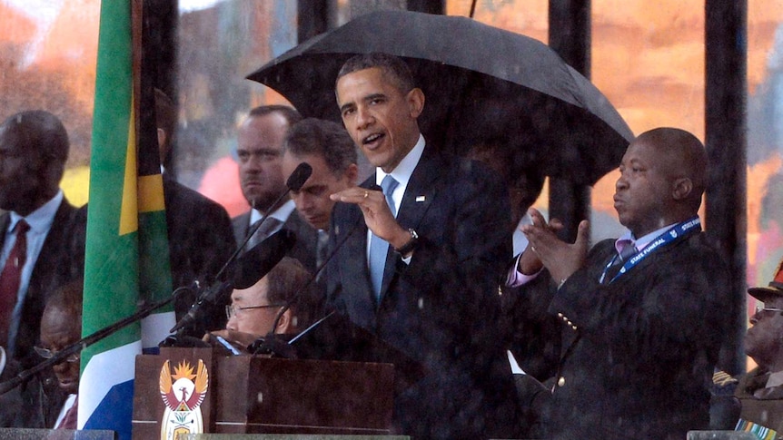 US president Barack Obama delivers a speech during the memorial service for late South African president Nelson Mandela.