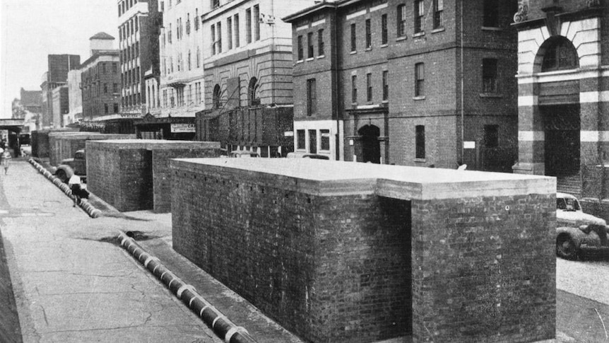 The brick bomb shelters built on one side of Elizabeth Street in 1942.