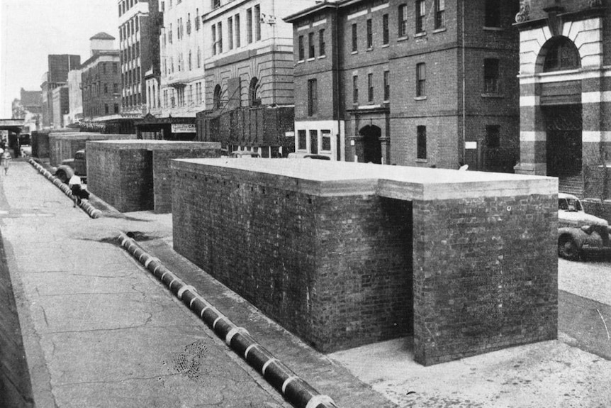 The brick bomb shelters built on one side of Elizabeth Street in 1942.