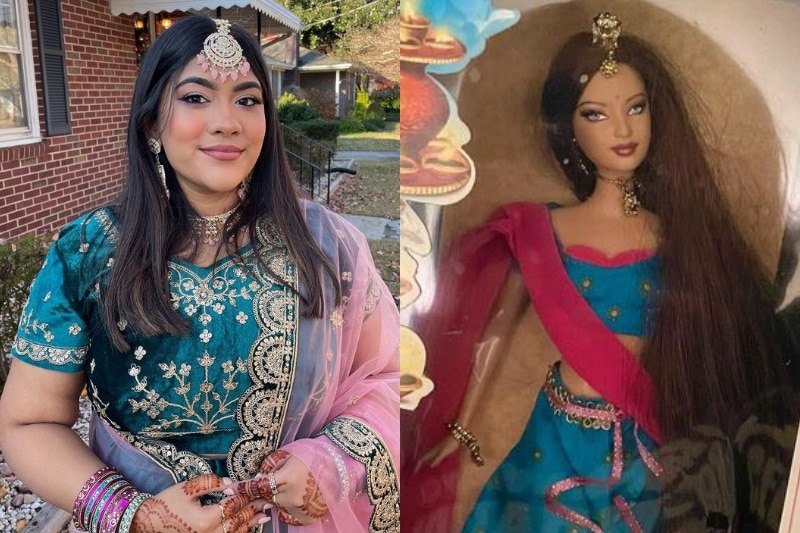 A composite image of a woman wearing a blue saree next to a Barbie doll wearing a saree