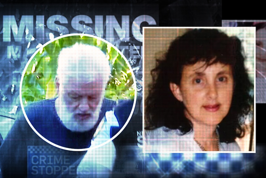A graphic showing the faces of a woman with dark curly hair and an older man white white hair, with missing in the background.