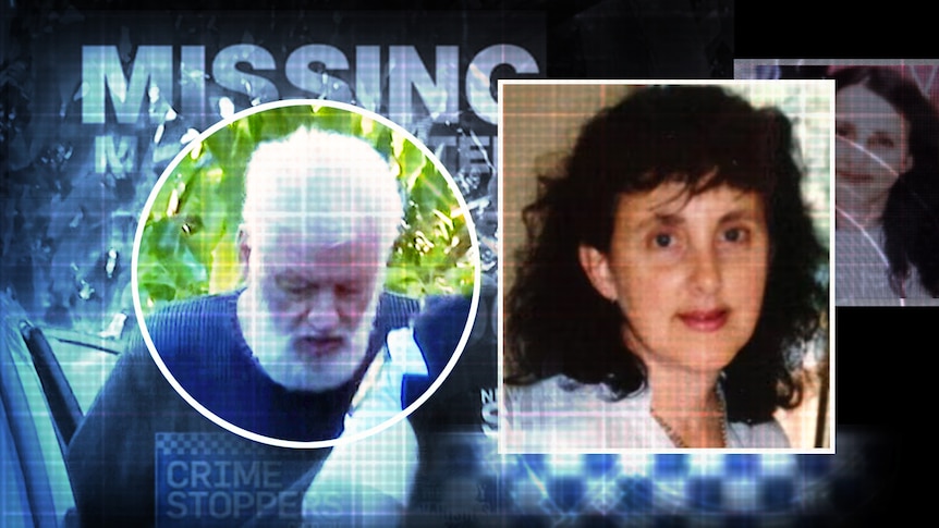 A graphic showing the faces of a woman with dark curly hair and an older man white white hair, with missing in the background.