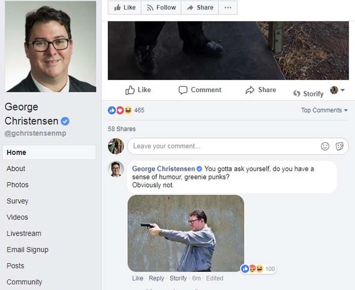 Facebook post of MP George Christensen aiming a gun and taunting 'greenie punks' posted on February 17, 2018