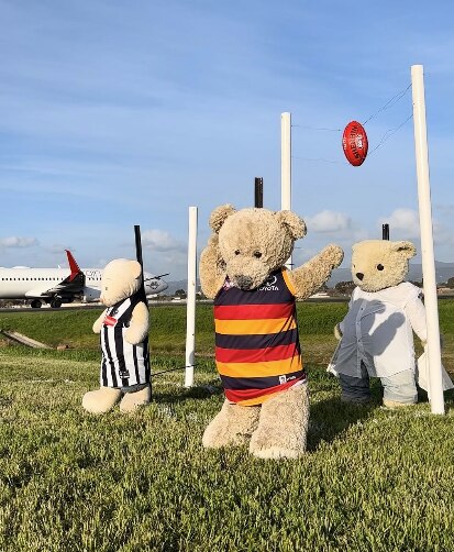 three bears - two dressed in football guernseys and another in white in front of football goal posts with a red football midair
