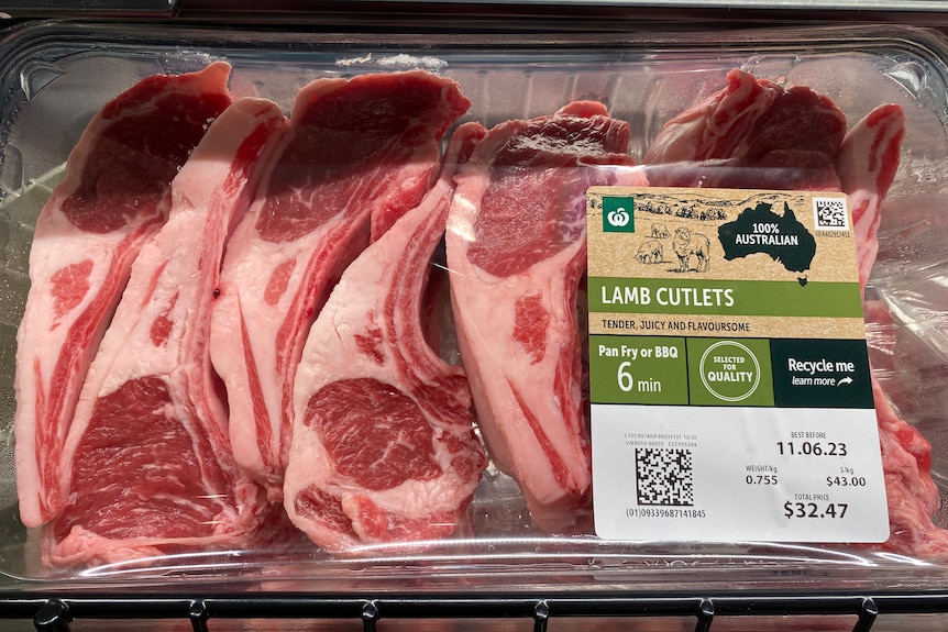 A pack of seven red lamb cutlets in a pack at Woolworths.
