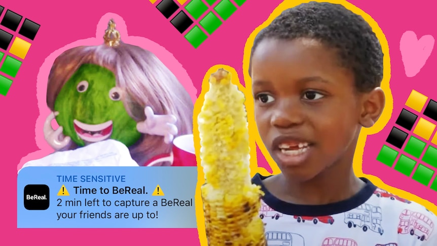 A composite image of the boy from the corn song, a Wordle game, the winning head of lettuce, and a BeReal notification.