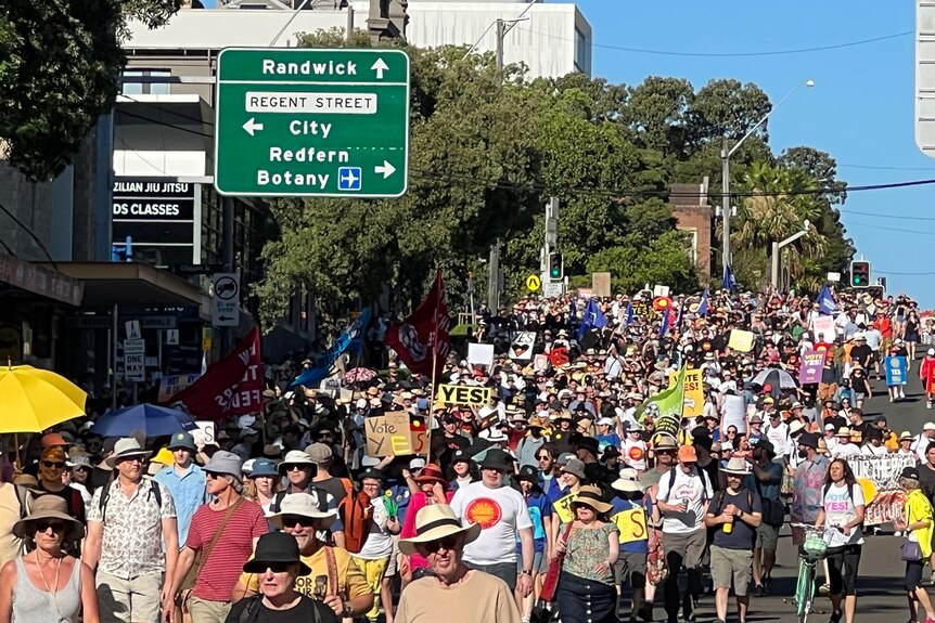 Sydney Walk for Yes downhill crowd Redfern sign