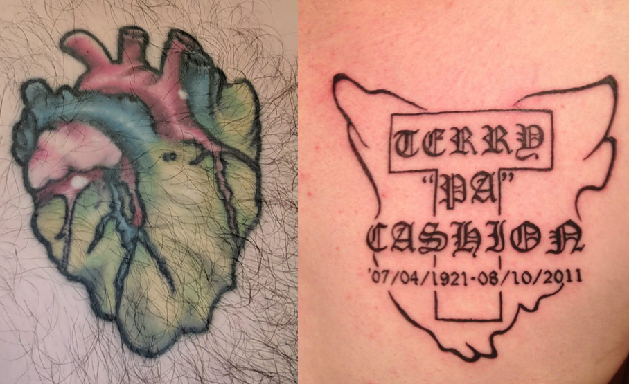 2 photos of tattoos that show the map of Tasmania, one  looks like a green anotomical heart and the other has text over
