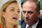 A composite image of headshots of Mia Davies in a red jacket and Barnaby Joyce in a dark suit.
