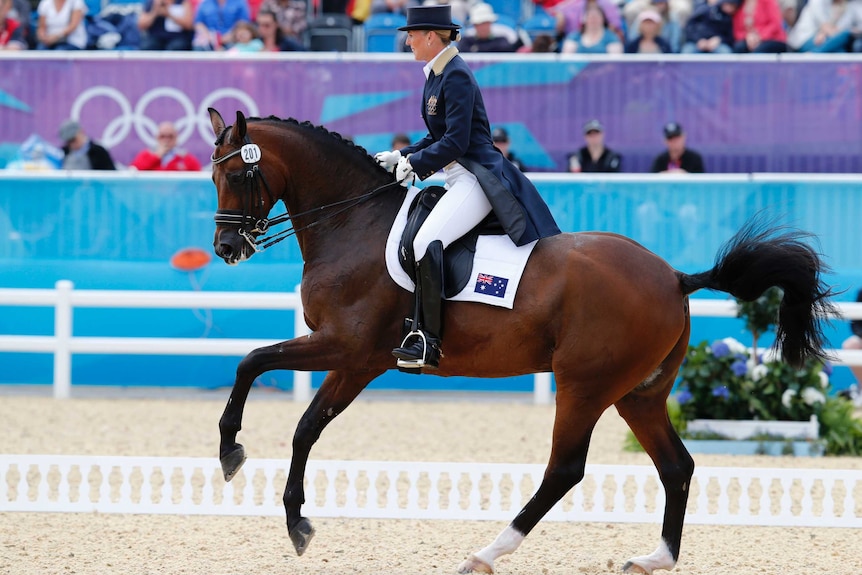An Australian dressage competitor riding beautifully presented horse, with an Australian flag on the saddle cloth