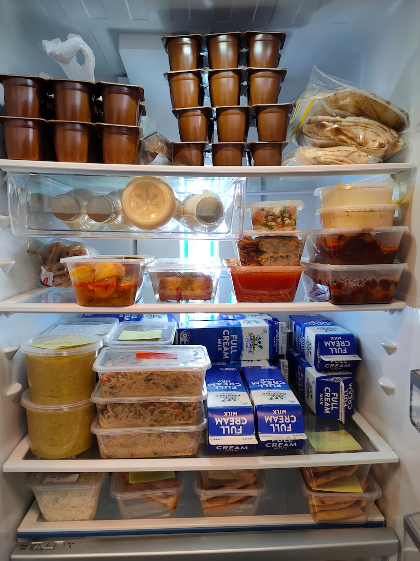 Fridge with 4 shelves full of food containers and boxes of milk and desserts