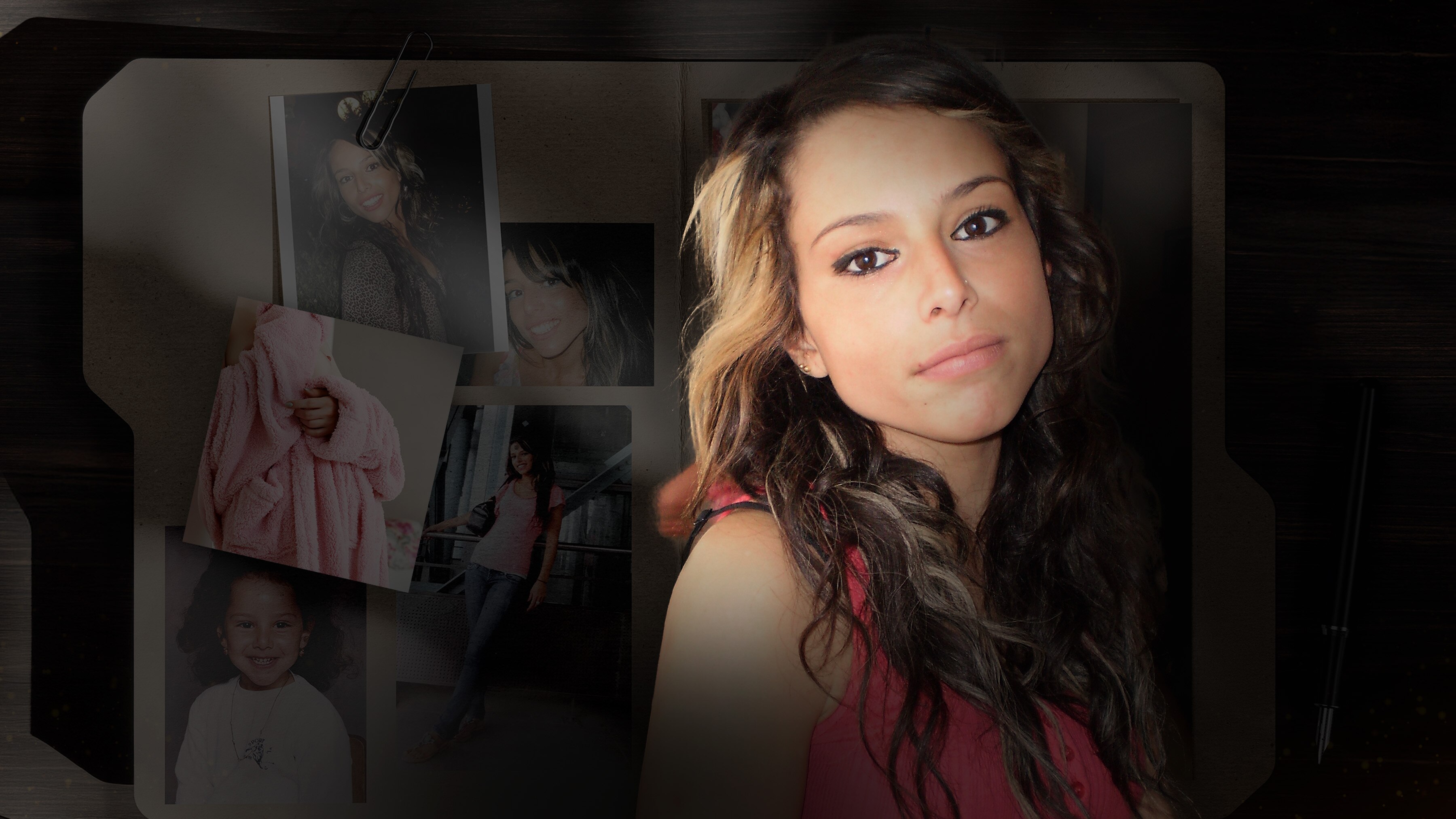 A young woman with long dark hair smiles big looking up. Behind is a collage of images including her as a child and a pink robe