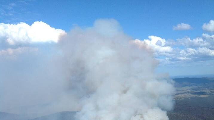 Aerial view of Timbarra fire burning near Buchan.