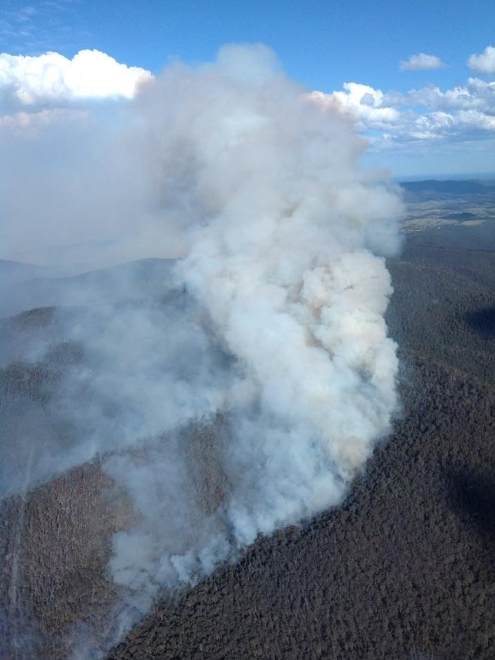 Aerial view of Timbarra fire burning near Buchan.
