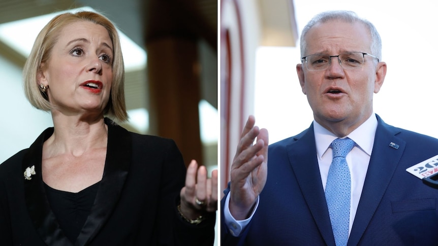 A composite image of Kristina Keneally and Scott Morrison, both gesturing with one hand as they speak.