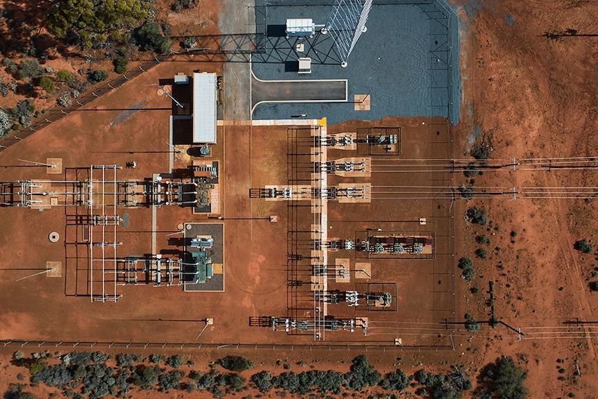 A drone photograph of a power station.  