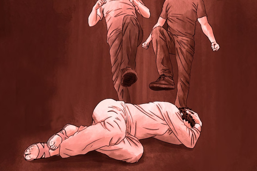 An illustration of a man lying on the ground while two men stomp on his body 