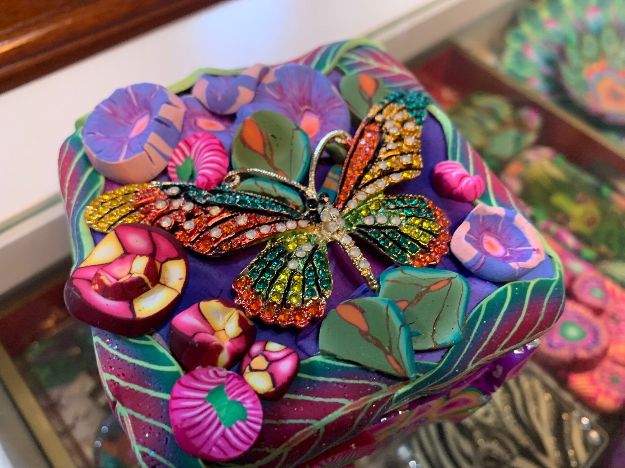 handmade pink polymer butterly jewelley box