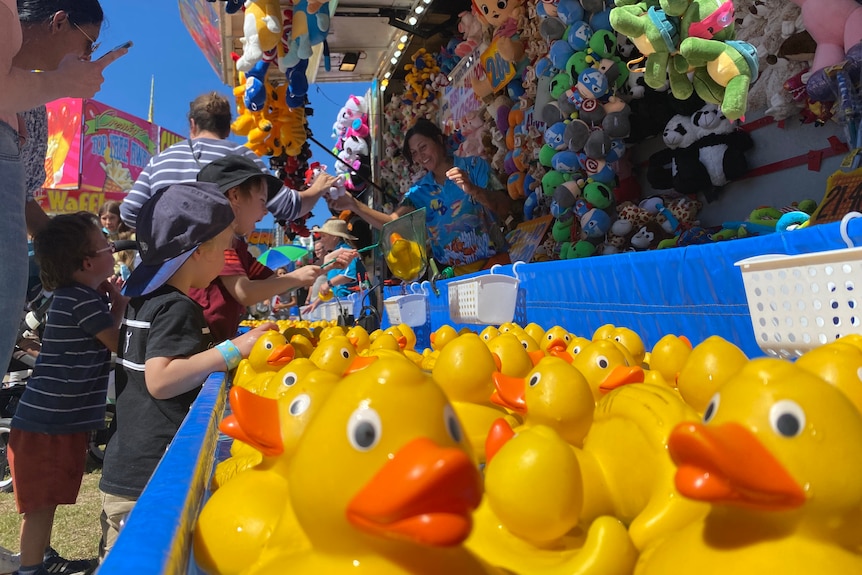 yellow rubber docks bobbing in water, children one side and carnival operator with stuffed toys on other