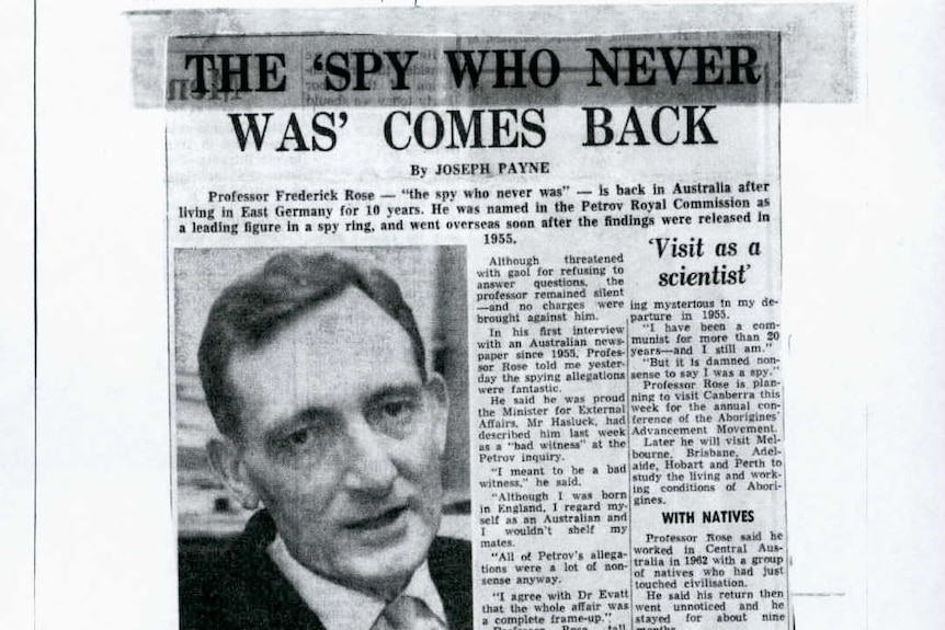 A newspaper article with the headline "The 'spy who never was' comes back" and a photo of Fred Rose.