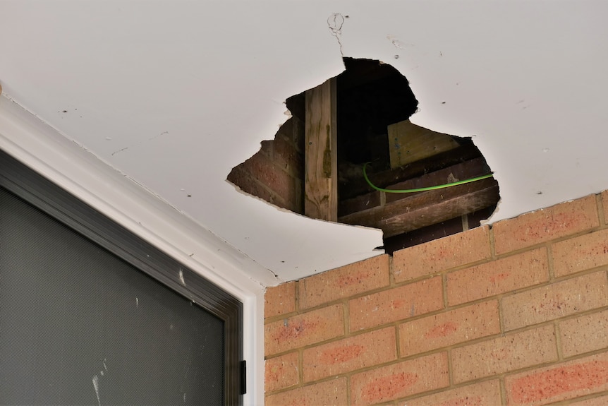 hole in white ceiling shows electric and wood