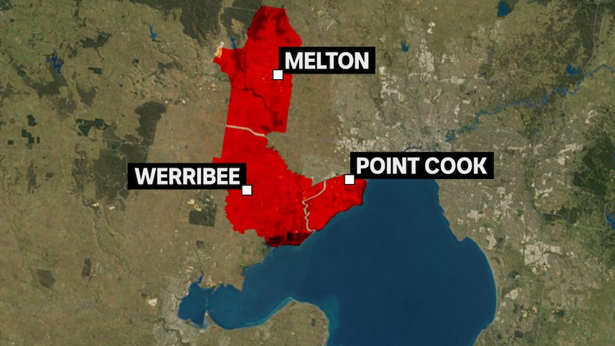A map of Melbourne's west showing the Point Cook, Melton and Werribee seats in red.