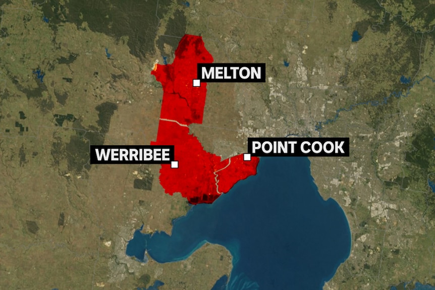 A map of Melbourne's west showing the Point Cook, Melton and Werribee seats in red.