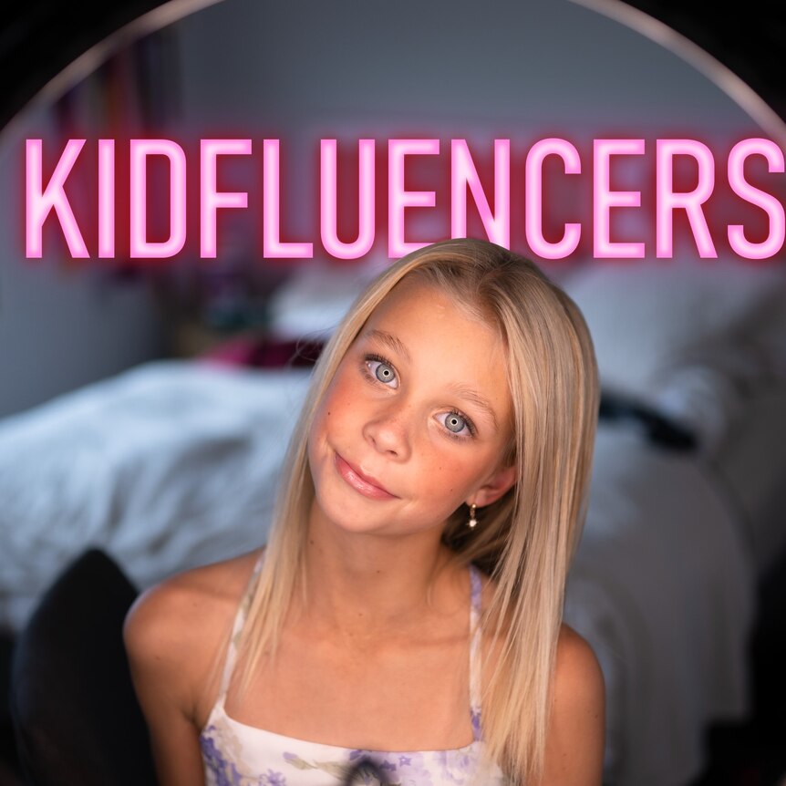 A young child pouts into a ring light, above her in neon pink is the word: Kidfluencer